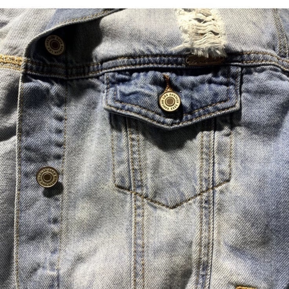 KanCan Womens Denim Jacket M Light Blue Distressed Striped Streetwear - Picture 9 of 10